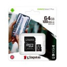 MEMORIA KINGSTON MICRO SD CANVAS SELECT PLUS 64GB UHS-I CLASE 10 C/ADAPTADOR (SDCS2/64GB), - Garantía: 1 AÑO -