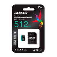 MEMORIA ADATA MICRO SDXC/SDHC 512GB UHS-I 100MB/85MB CLASE 10 V30 A2 C/ADAPTADOR (AUSDX512GUI3V30SA2-RA1), - Garantía: 99 AÑOS -