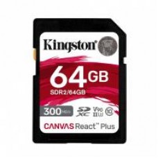 MEMORIA FLASH SD KINGSTON SDXC CANVAS REACT PLUS 64GB 300R/260W UHS-II U3 V90 (SDR/64GB), - Garantía: 99 AÑOS -