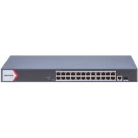 SWITCH GIGABIT POE+ HIKVISION / ADMINISTRABLE / 24 PUERTOS 1000 MBPS POE+ / 1 PUERTO 100 UPLINK / 1 PUERTO 1000 MBPS UPLINK / 1 PUERTOS SFP UPLINK / CONFIGURACIÓN NUBE DESDE HIK-PARTNERPRO / MODO EXT, - Garantía: 1 AÑO -