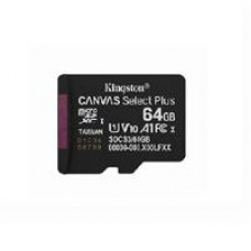 MEMORIA FLASH MICRO SD KINGSTON SDXC CANVAS SELECT PLUS 64GB 100MB/S UHS-I U1 V10 SIN/ADAPTADOR (SDCS3/64GBSP), - Garantía: 1 AÑO -